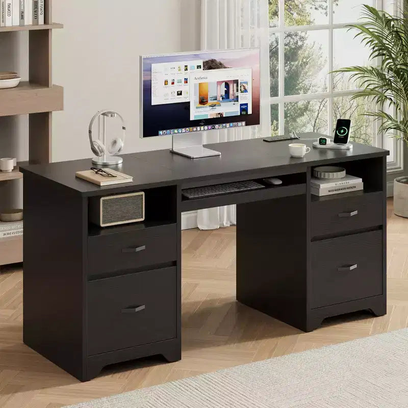 59 Inch Office Desk with Charging Station, Keyboard Tray & Drawers, Modern Executive Desk