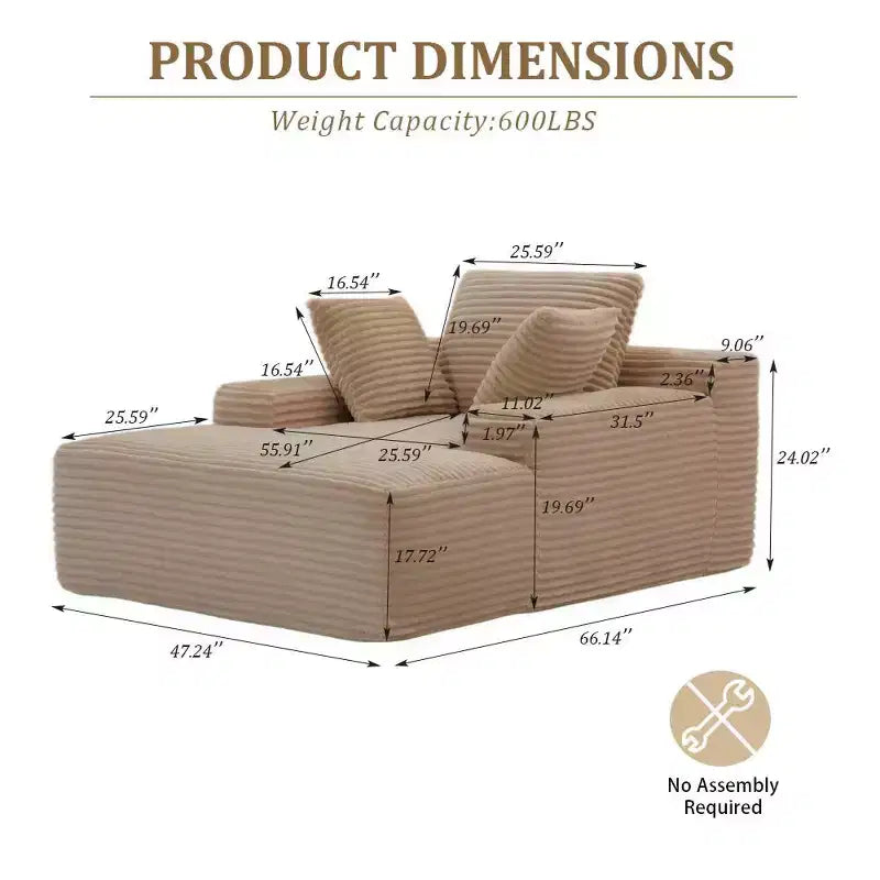 Divano letto singolo moderno in velluto a coste e chaise longue con cuscini decorativi, nessun assemblaggio richiesto