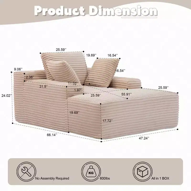 Divano letto singolo moderno in velluto a coste e chaise longue con cuscini decorativi, nessun assemblaggio richiesto
