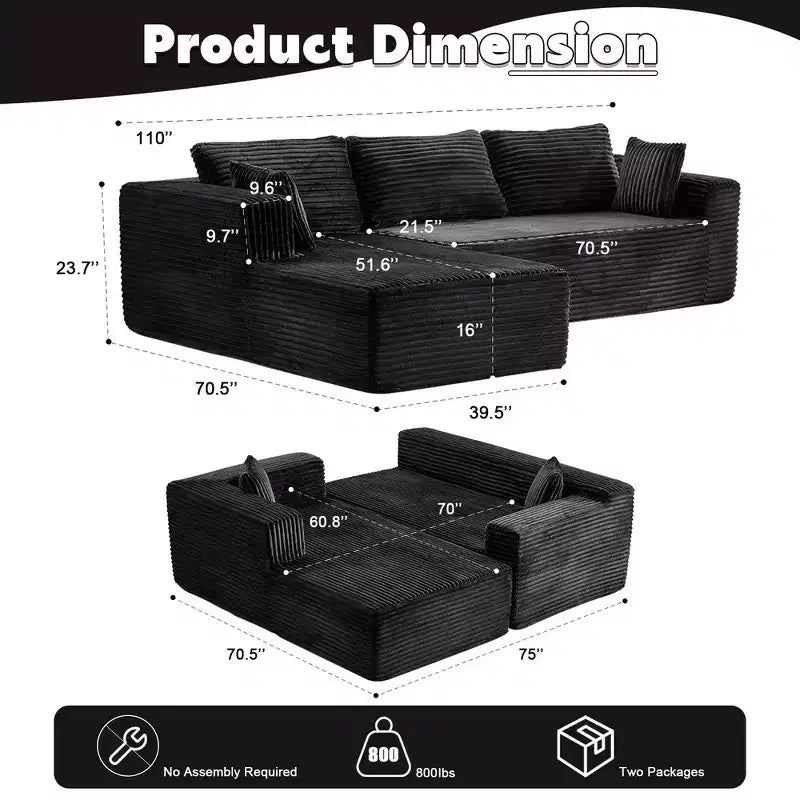Divano letto singolo moderno in velluto a coste e chaise longue con cuscini decorativi, nessun assemblaggio richiesto
