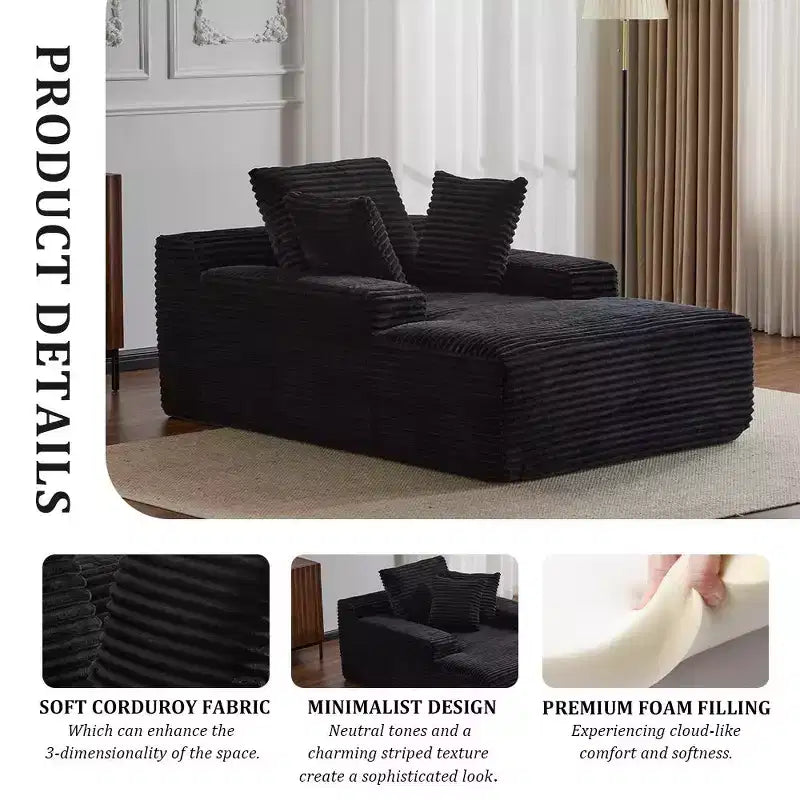 Divano letto singolo moderno in velluto a coste e chaise longue con cuscini decorativi, nessun assemblaggio richiesto