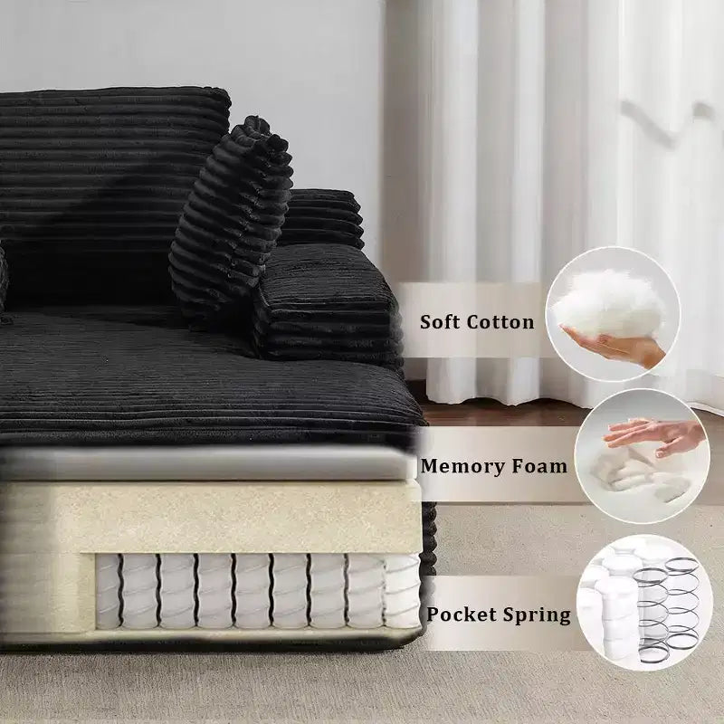 Divano letto singolo moderno in velluto a coste e chaise longue con cuscini decorativi, nessun assemblaggio richiesto