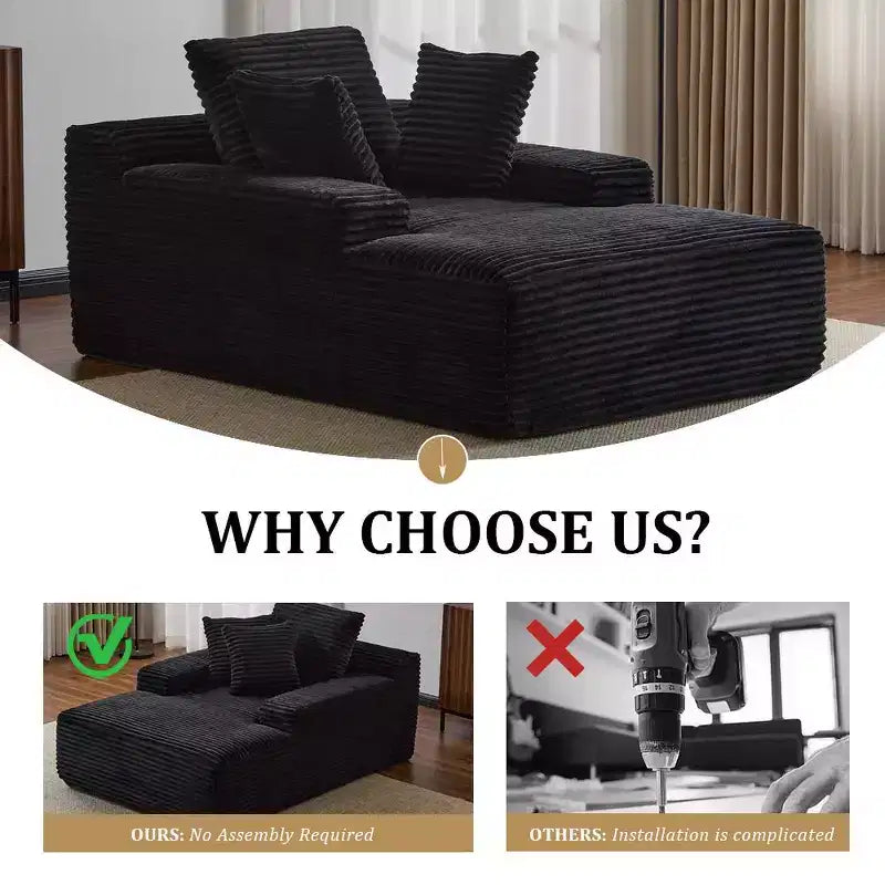 Divano letto singolo moderno in velluto a coste e chaise longue con cuscini decorativi, nessun assemblaggio richiesto