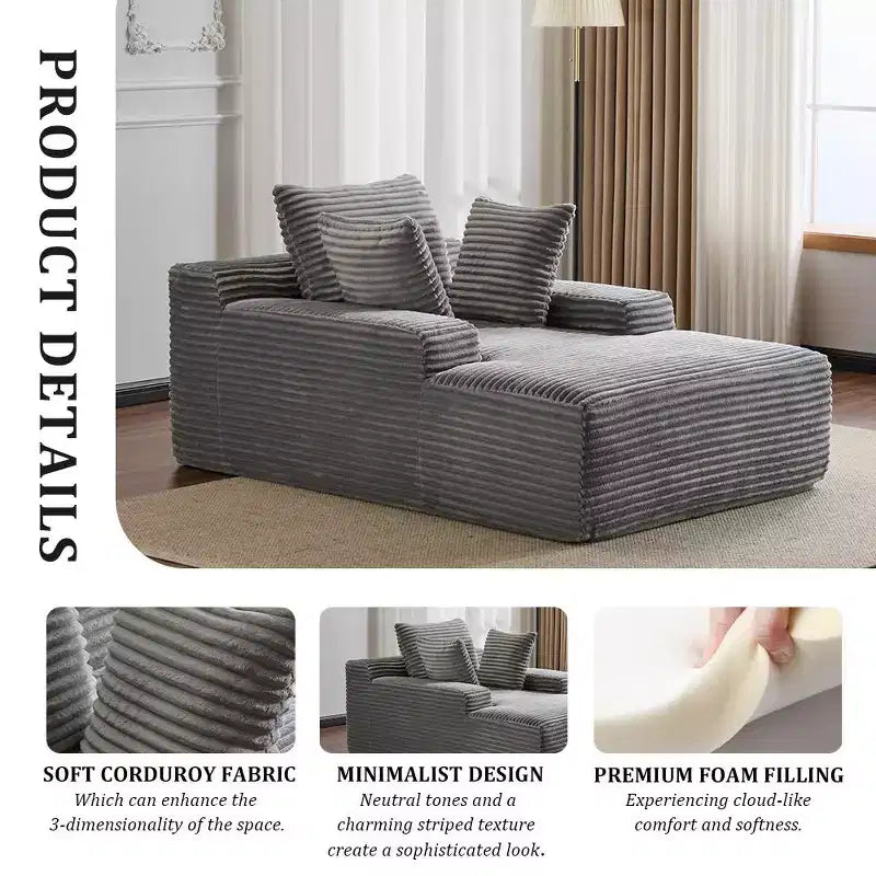Divano letto singolo moderno in velluto a coste e chaise longue con cuscini decorativi, nessun assemblaggio richiesto