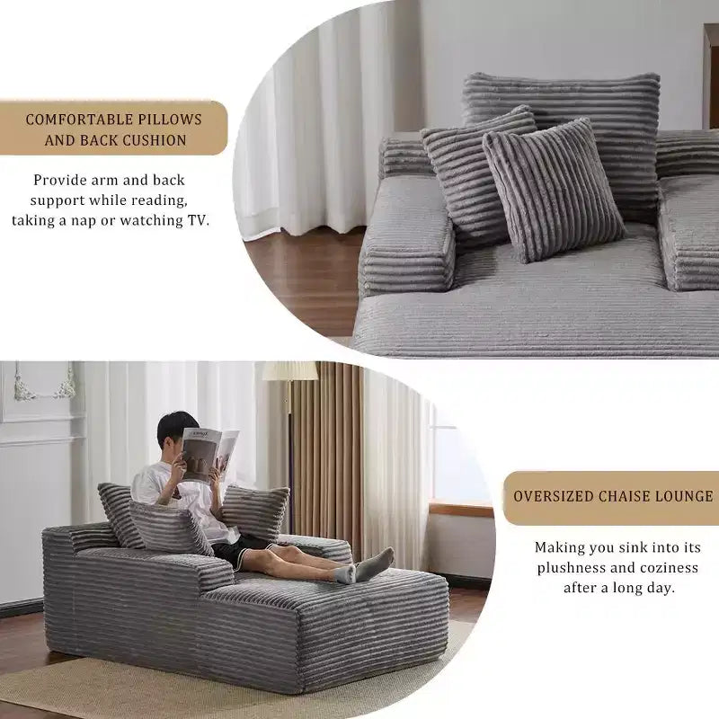 Divano letto singolo moderno in velluto a coste e chaise longue con cuscini decorativi, nessun assemblaggio richiesto