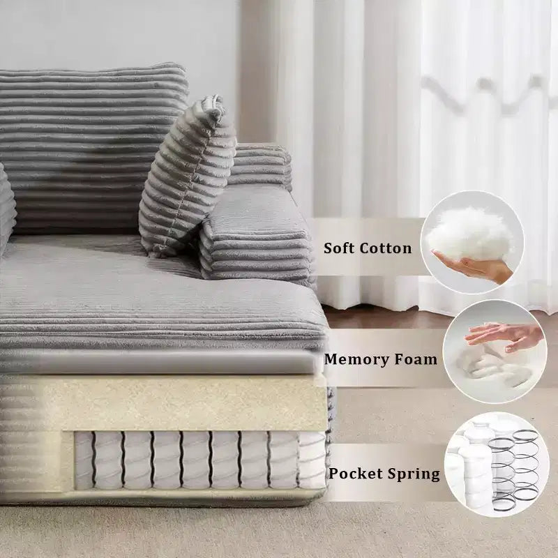 Divano letto singolo moderno in velluto a coste e chaise longue con cuscini decorativi, nessun assemblaggio richiesto