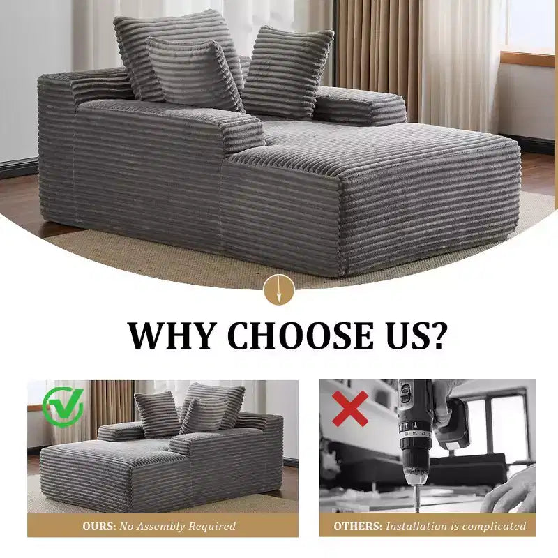 Divano letto singolo moderno in velluto a coste e chaise longue con cuscini decorativi, nessun assemblaggio richiesto