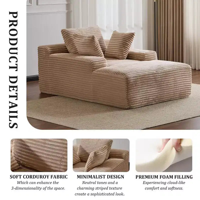 Divano letto singolo moderno in velluto a coste e chaise longue con cuscini decorativi, nessun assemblaggio richiesto