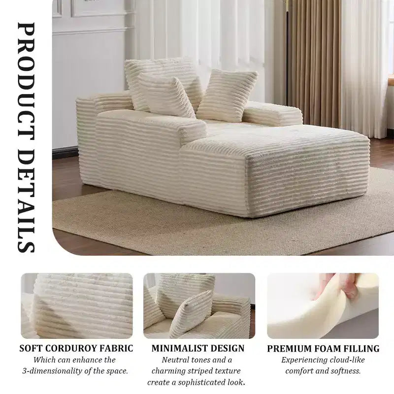 Divano letto singolo moderno in velluto a coste e chaise longue con cuscini decorativi, nessun assemblaggio richiesto