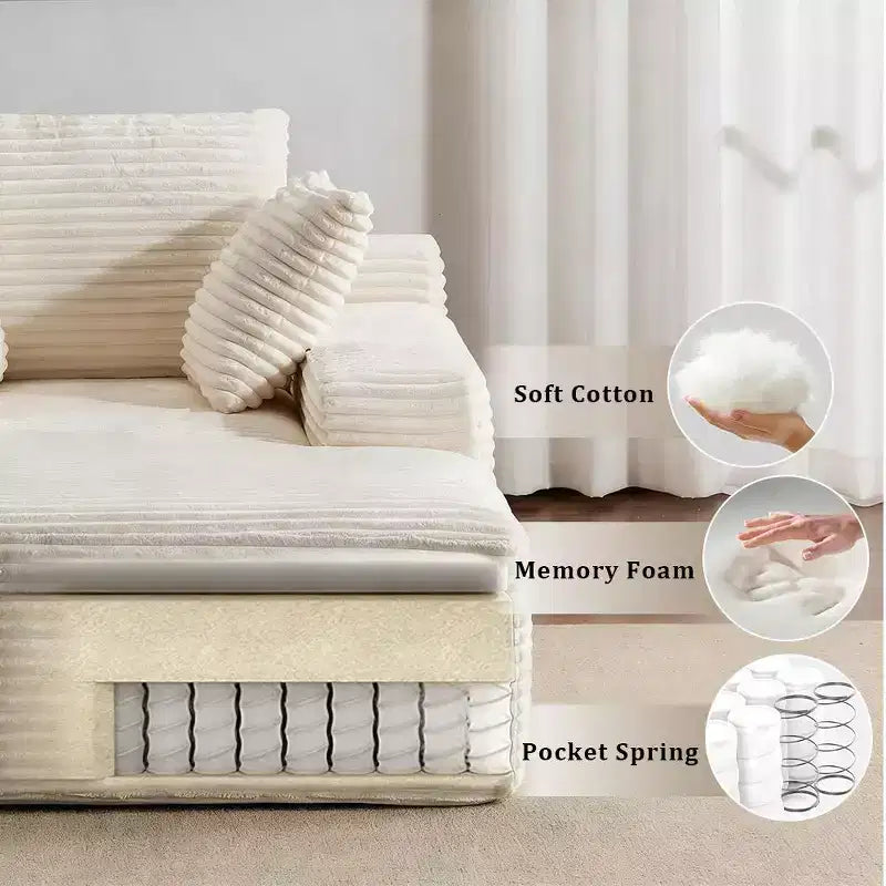 Divano letto singolo moderno in velluto a coste e chaise longue con cuscini decorativi, nessun assemblaggio richiesto