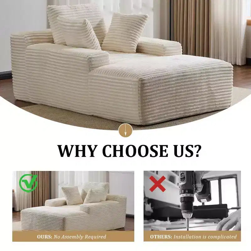 Divano letto singolo moderno in velluto a coste e chaise longue con cuscini decorativi, nessun assemblaggio richiesto