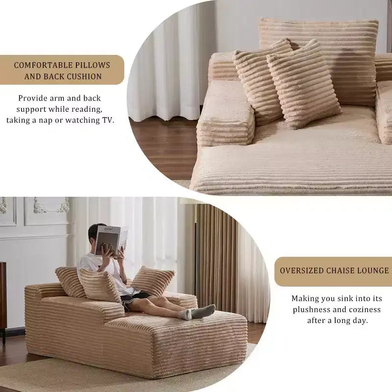 Divano letto singolo moderno in velluto a coste e chaise longue con cuscini decorativi, nessun assemblaggio richiesto