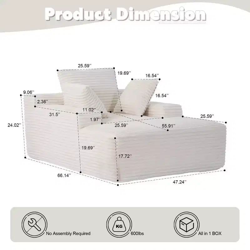 Divano letto singolo moderno in velluto a coste e chaise longue con cuscini decorativi, nessun assemblaggio richiesto