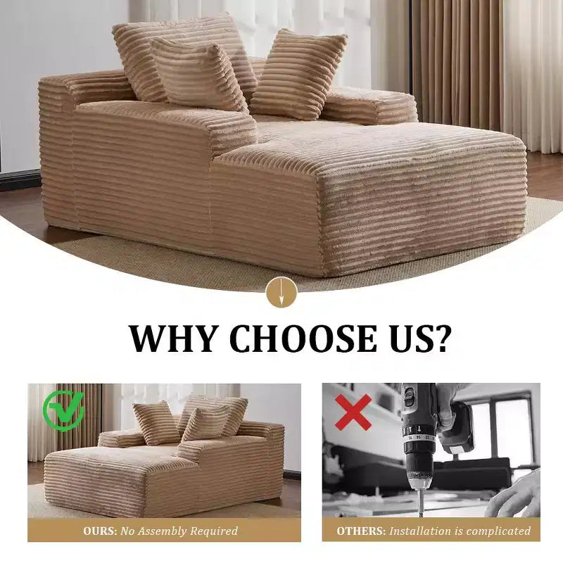 Divano letto singolo moderno in velluto a coste e chaise longue con cuscini decorativi, nessun assemblaggio richiesto