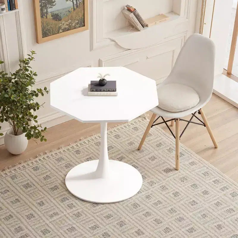 Tavolino da caffè ottagonale con base in metallo e piano in MDF, Tavolino moderno da salotto, Bianco