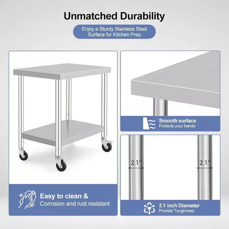 30 Inch Mobile Stainless Steel Prep Table with Locking Wheels & Adjustable Shelf