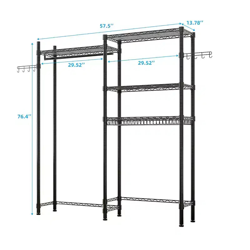 Black Iron Open Wardrobe with Double Rails & Mesh Baskets, 57.1x13.8x76.8 Inch