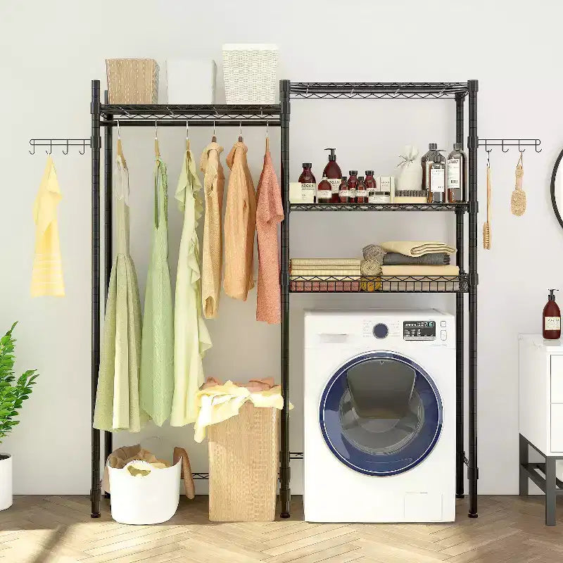 Black Iron Open Wardrobe with Double Rails & Mesh Baskets, 57.1x13.8x76.8 Inch