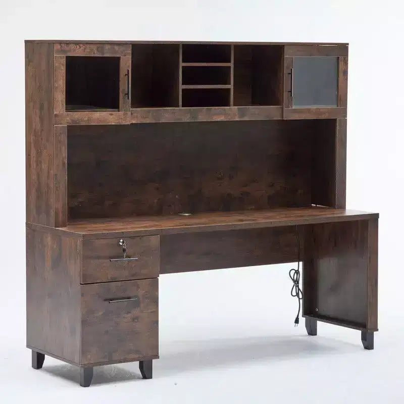 Scrivania rustica da ufficio con schedario integrato, credenza contenitore e cassetto con serratura