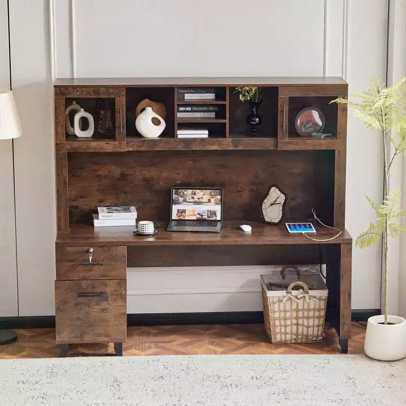 Scrivania rustica da ufficio con schedario integrato, credenza contenitore e cassetto con serratura