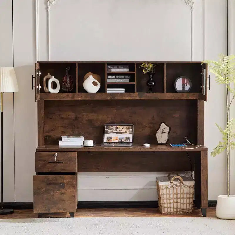 Scrivania rustica da ufficio con schedario integrato, credenza contenitore e cassetto con serratura