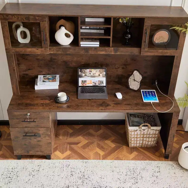 Scrivania rustica da ufficio con schedario integrato, credenza contenitore e cassetto con serratura