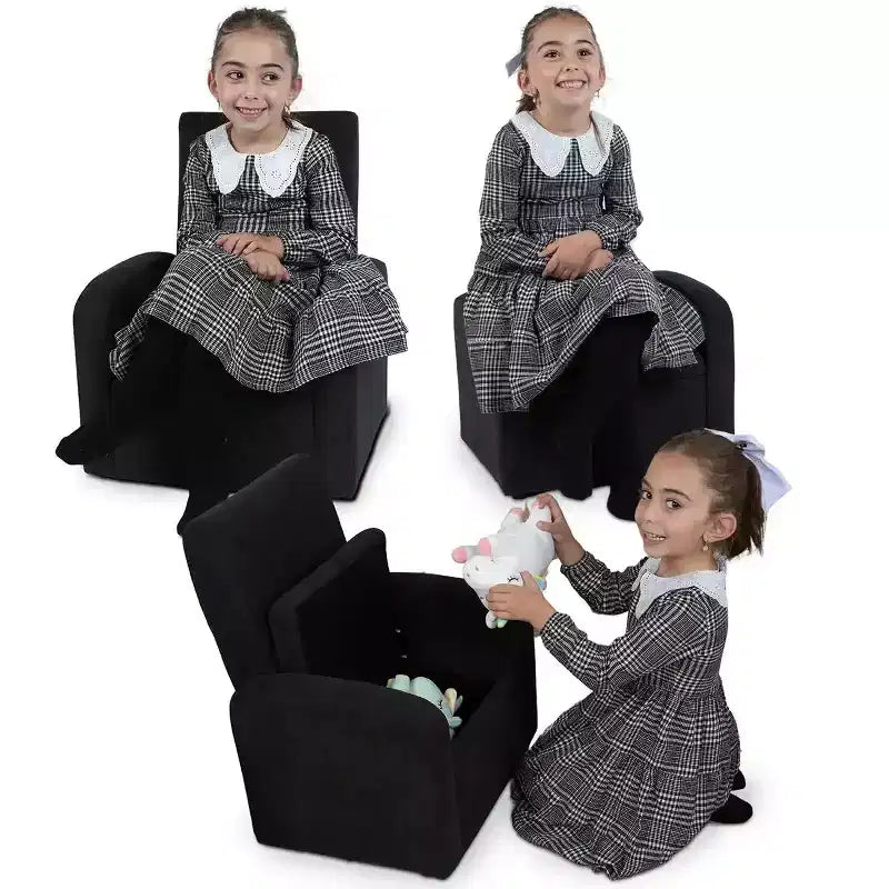 Comoda poltrona per bambini con contenitore per giocattoli integrato per bambini e bambine, nero
