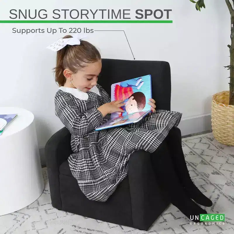 Comoda poltrona per bambini con contenitore per giocattoli integrato per bambini e bambine, nero