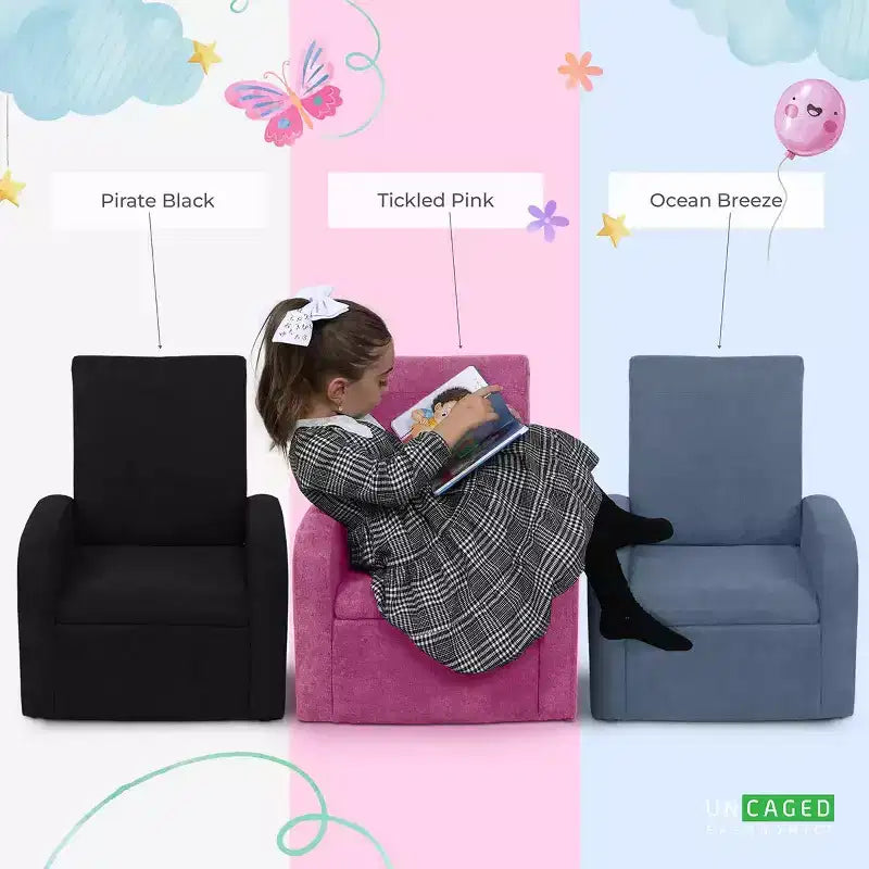 Comoda poltrona per bambini con contenitore per giocattoli integrato per bambini e bambine, nero