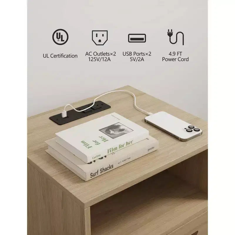 Rattan End Table with Rattan Decor Door, Charging Station Small End Table Shelf and Drawer Wooden Bedside Table, for Bedroom, Living Room