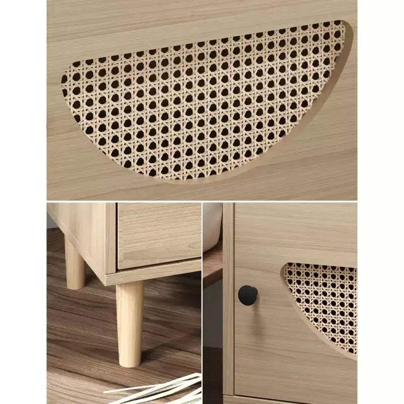 Rattan End Table with Rattan Decor Door, Charging Station Small End Table Shelf and Drawer Wooden Bedside Table, for Bedroom, Living Room