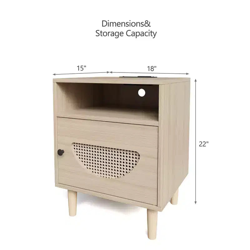 Rattan End Table with Rattan Decor Door, Charging Station Small End Table Shelf and Drawer Wooden Bedside Table, for Bedroom, Living Room