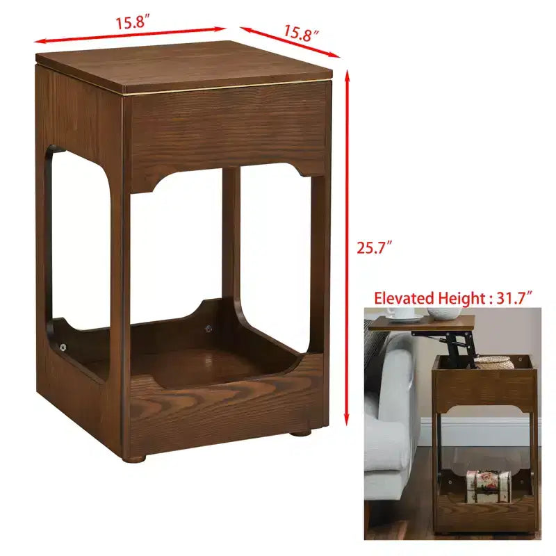 Mid-Century Modern Wooden Lift Top Side Table with Storage Shelf
