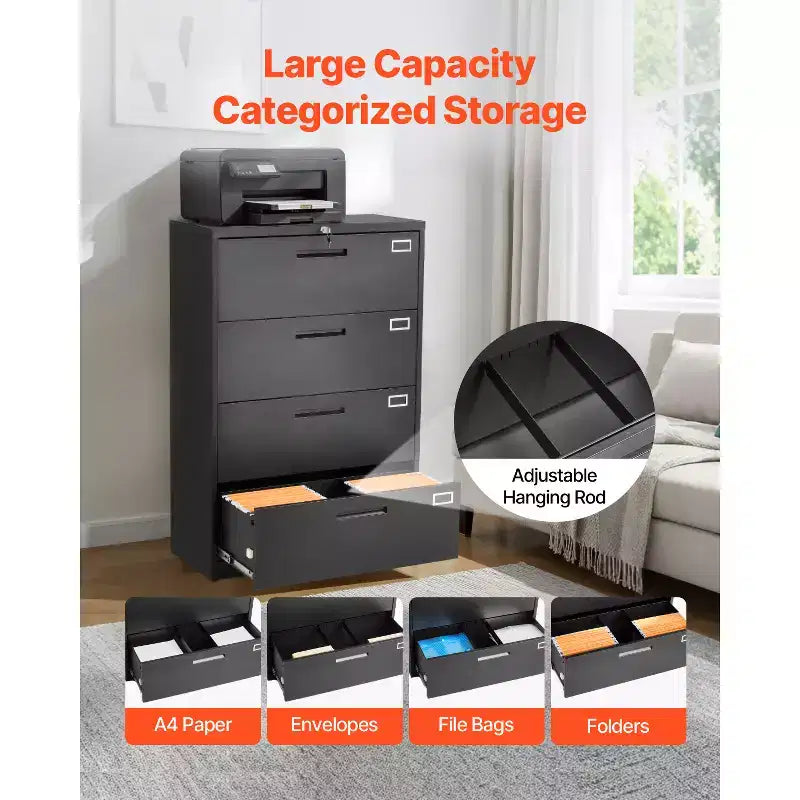 4-Drawer Metal Vertical File Cabinet with Lock & Adjustable Hanging Rod, Black