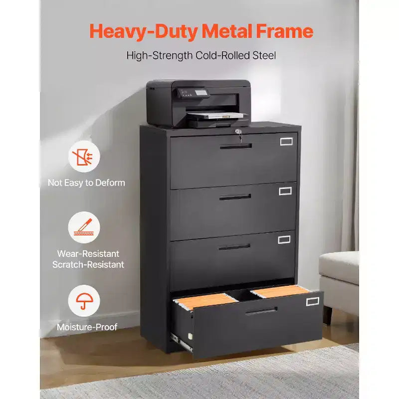 4-Drawer Metal Vertical File Cabinet with Lock & Adjustable Hanging Rod, Black