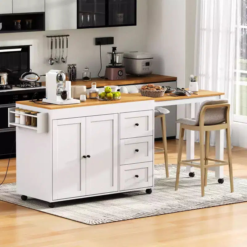 MAYEERTY Ktichen Island with Dining Table 3 Drawers Power Outlet Rolling Kitchen Island on Wheels with Spice Rack and 2 Door Cabinet for Kitchen White
