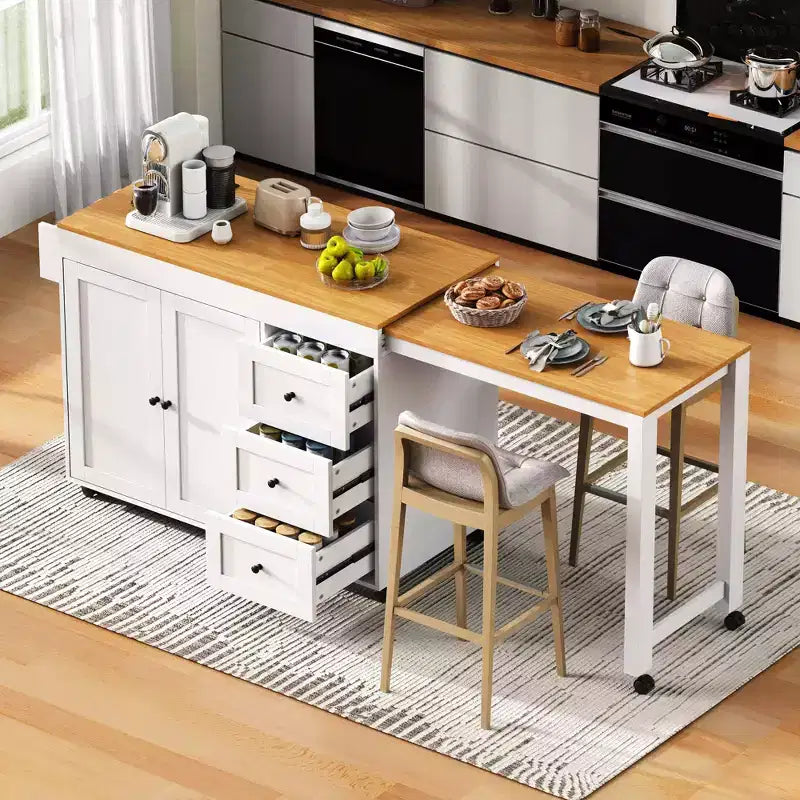 Rolling Kitchen Island with Dining Table, 3 Drawers, Power Outlet & Spice Rack, White