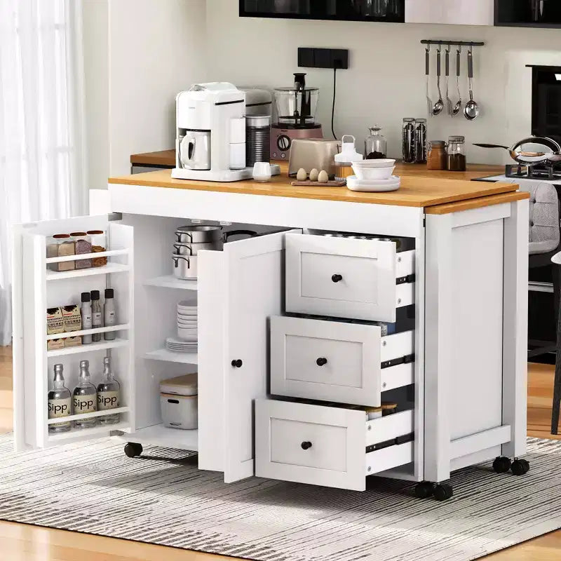 Rolling Kitchen Island with Dining Table, 3 Drawers, Power Outlet & Spice Rack, White