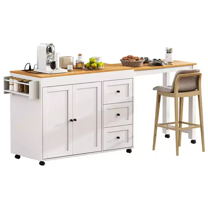 Rolling Kitchen Island with Dining Table, 3 Drawers, Power Outlet & Spice Rack, White