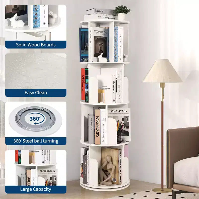 Tall 52 4-Tier Rotating Bookshelf  360 Spinning Wooden Storage Organizer for Bedroom, Corner Bookcase, For Home Office, Living Room & Small Spaces