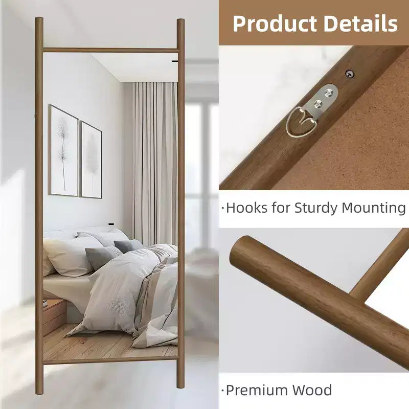 Specchio intero rettangolare in legno massiccio da 71x31 pollici, marrone (senza staffa)