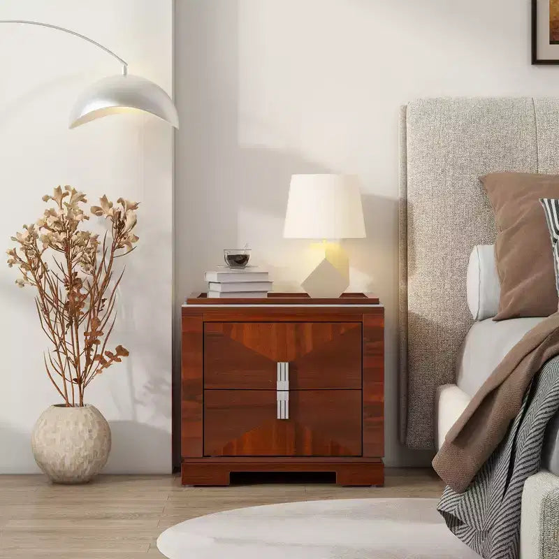 Comodino moderno in legno della metà del secolo con 2 cassetti, tavolino da camera da letto