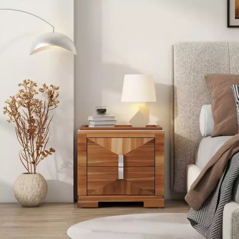 Comodino moderno in legno della metà del secolo con 2 cassetti, tavolino da camera da letto