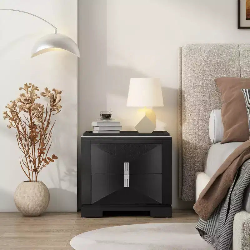 Comodino moderno in legno della metà del secolo con 2 cassetti, tavolino da camera da letto