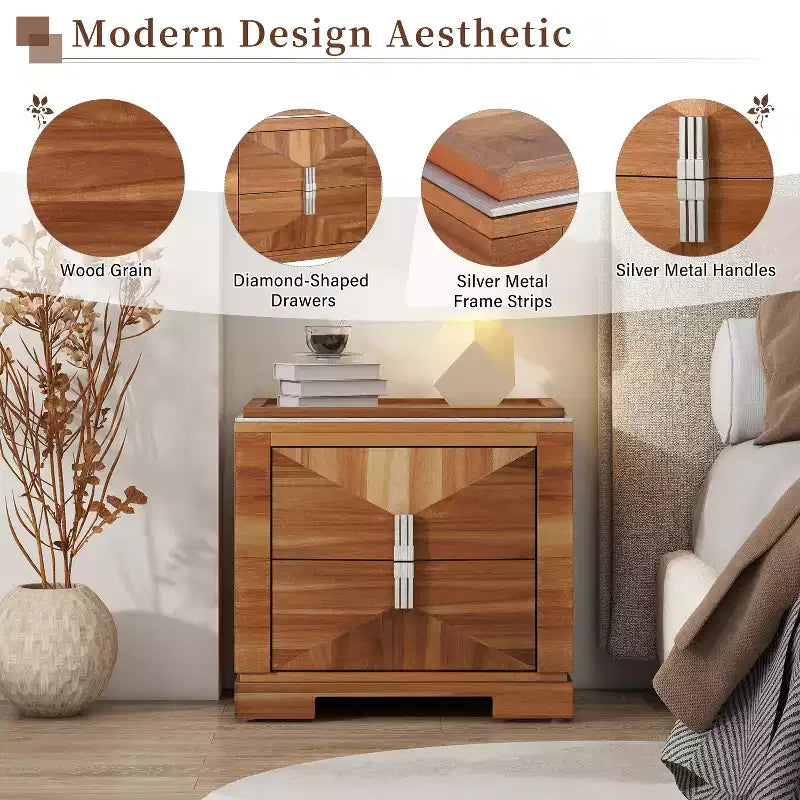 Comodino moderno in legno della metà del secolo con 2 cassetti, tavolino da camera da letto