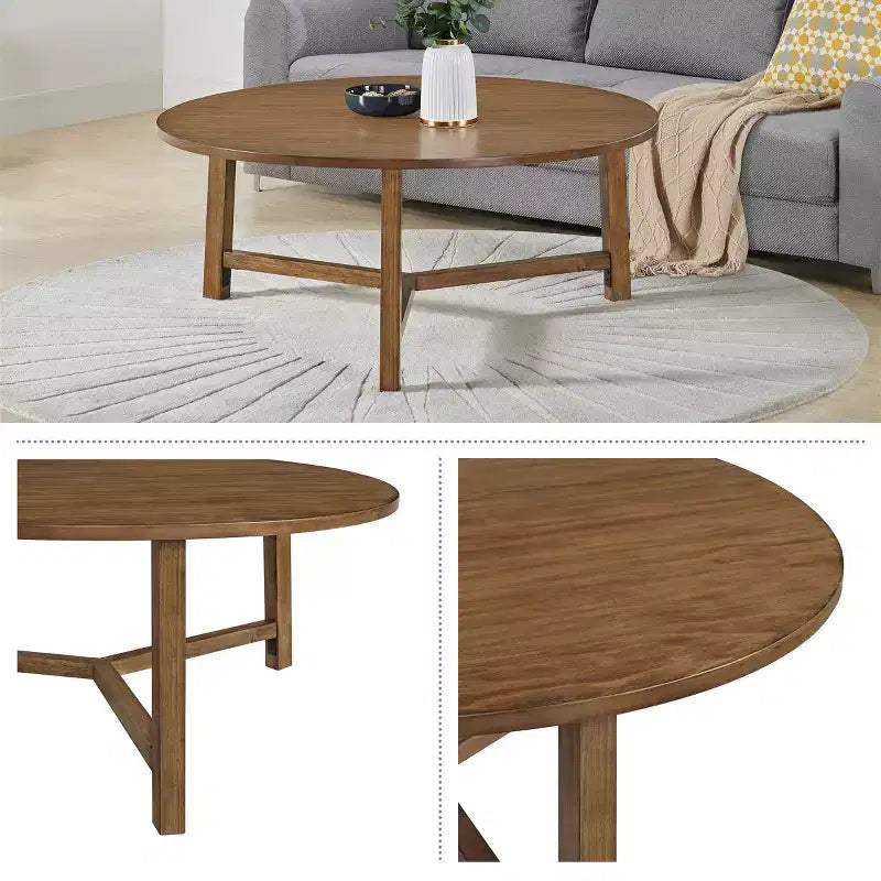 44 Inch Round Solid Wood Farmhouse Coffee Table, Pecan Finish