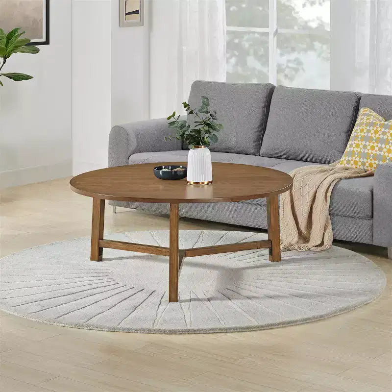 44 Inch Round Solid Wood Farmhouse Coffee Table, Pecan Finish