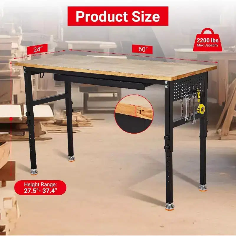 Adjustable Workbench with Power Outlet, 2200lb Capacity Steel Frame Work Table
