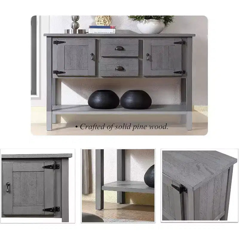 Consolle in stile rustico da 48 pollici con contenitore, tavolo d'ingresso con 2 cassetti e ante, tavolino da divano in legno con ripiani, grigio