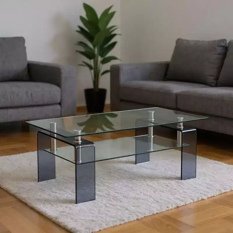 39 Inch Clear and Black Glass Coffee Table with Lower Shelf